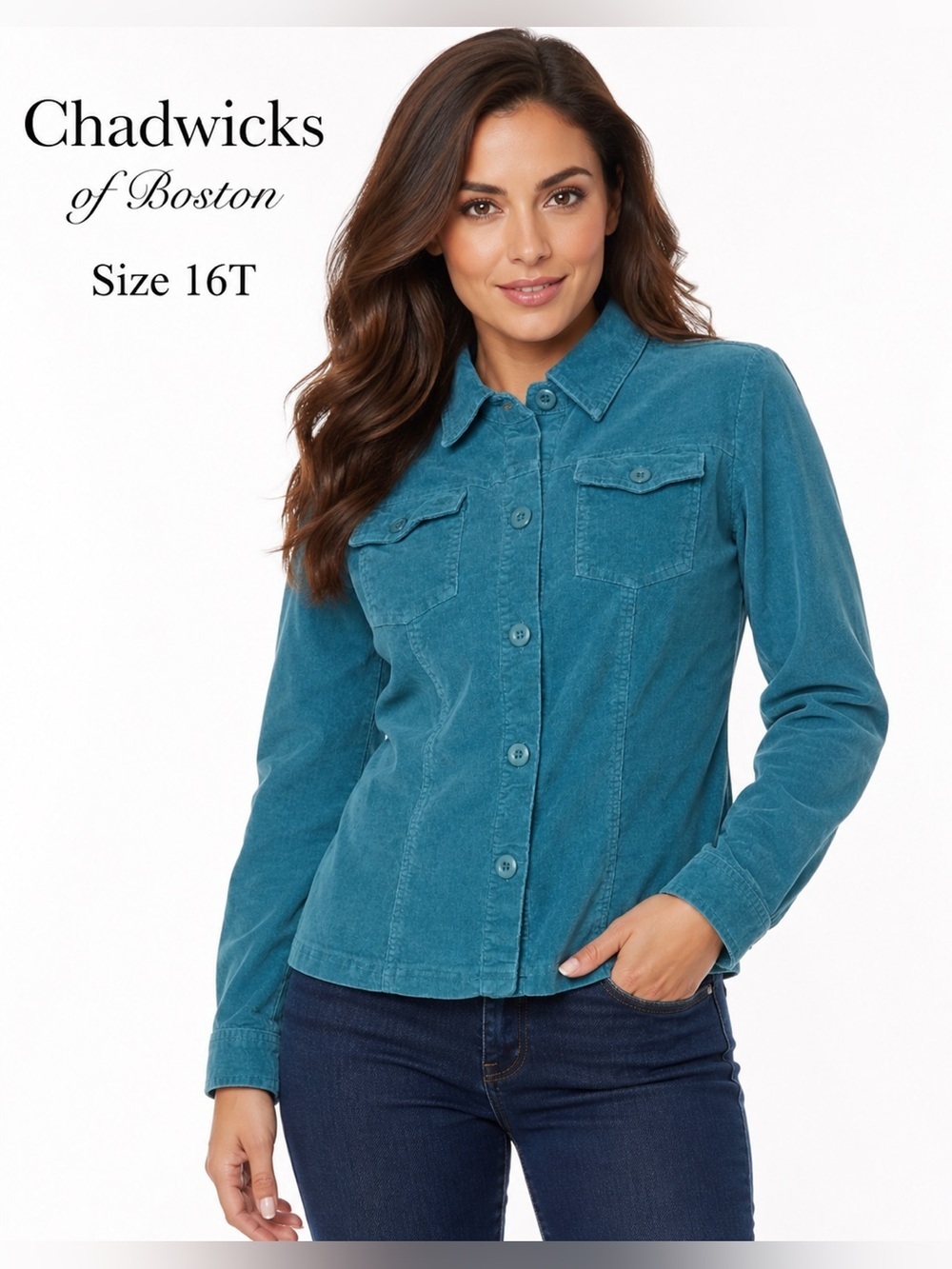 Chadwicks of Boston Teal Corduroy Jacket Size 16T
Button Front Stretch Cotton